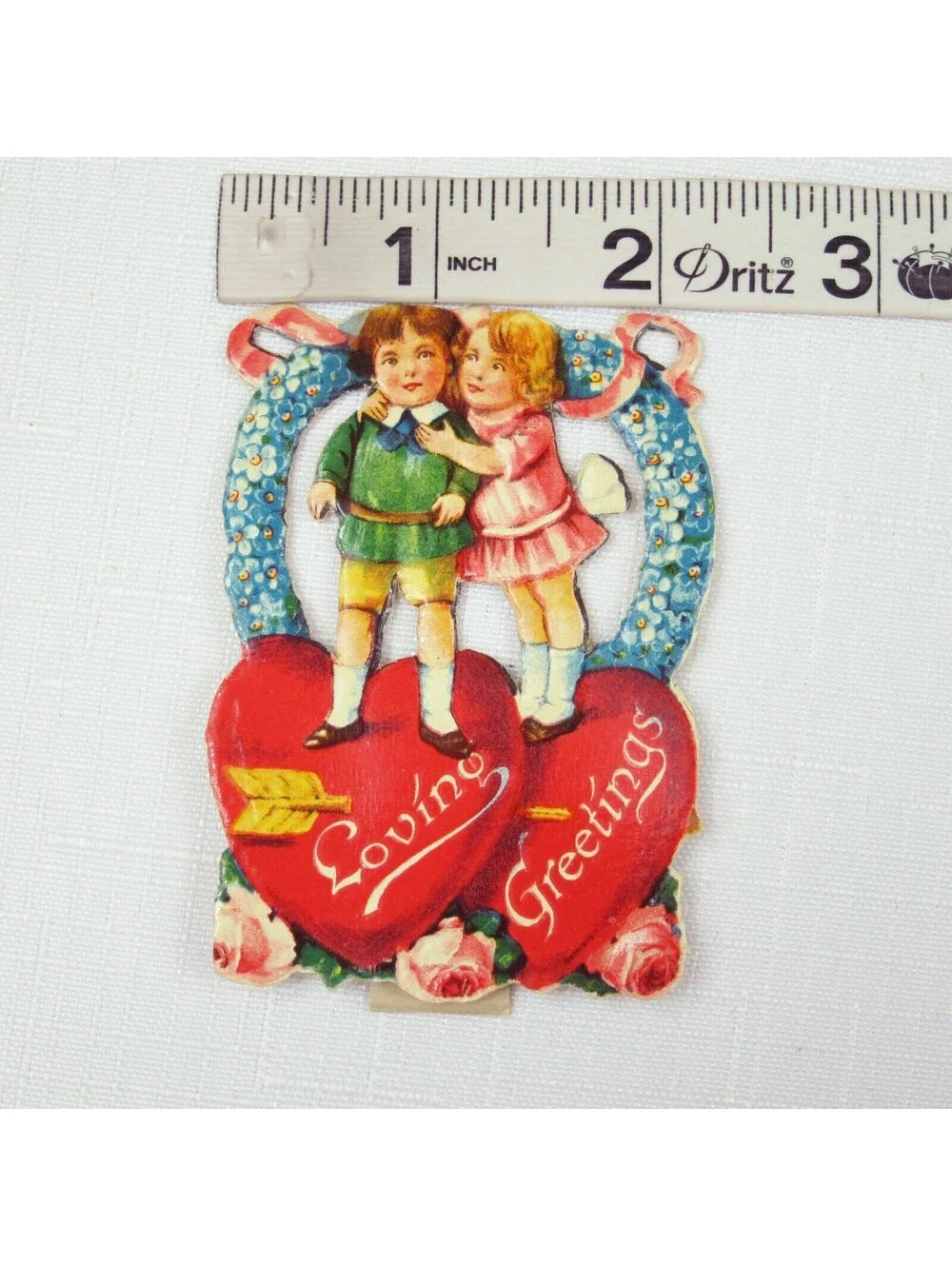 Vintage Valentine Die Cut Stand Up Victorian Girl Boy Flowers 1920-30s UNSIGNED